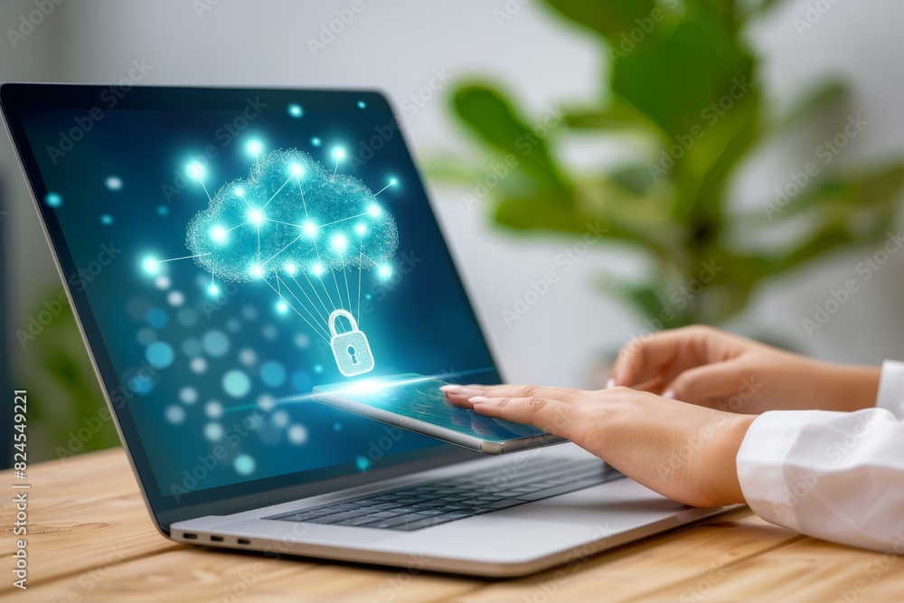 Poster advanced secure cloud network with holographic interface, hand interaction, modern tech background, 