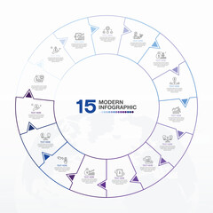 Fototapeta premium Blue tone circle infographic with 15 steps, process or options.