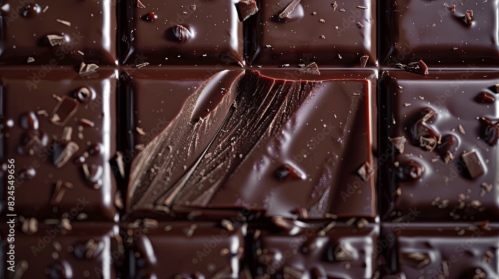 Poster Detailed close-up of a rich dark chocolate bar displaying visible break lines and a perfectly even surface. Generative AI