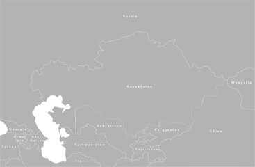 Vector modern illustration. Simplified administrative map of Kazakhstan. Border with nearest states Russia, China and etc and names. White shape of sea.