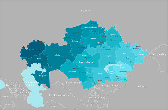 Vector modern illustration. Simplified administrative map of Kazakhstan. Border with nearest states Russia, China and etc. Blue shape of sea. Names of cities and regions