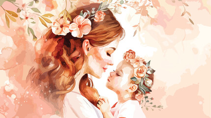 Watercolor illustration Mother and baby with flower white