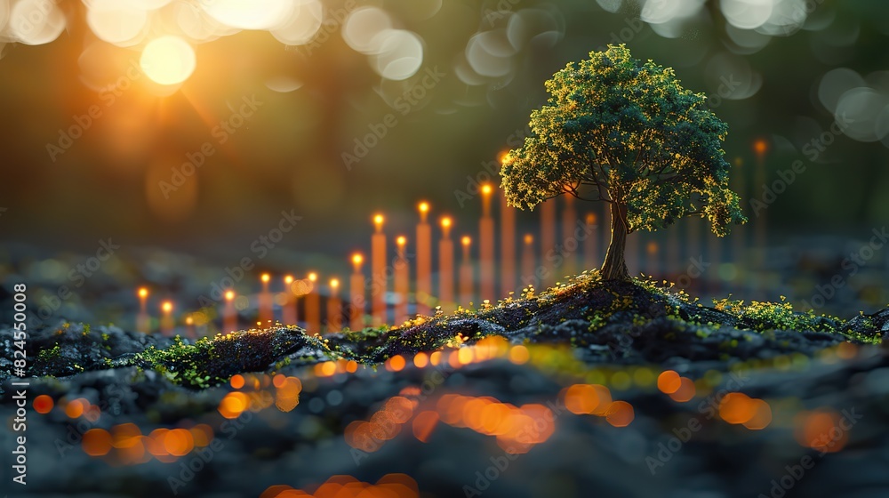 Poster an abstract image of a tree growing beside a rising graph, representing natural and steady growth. s