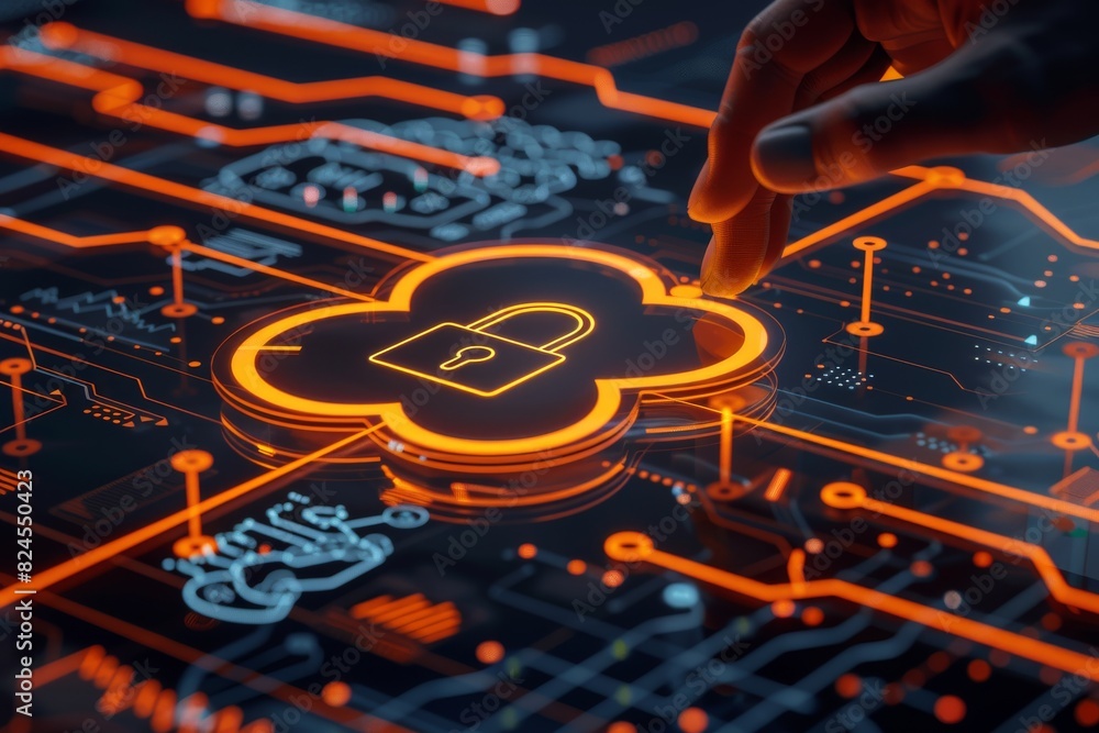 Poster secure cloud network with holographic interface, hand interaction, concept of advanced cybersecurity