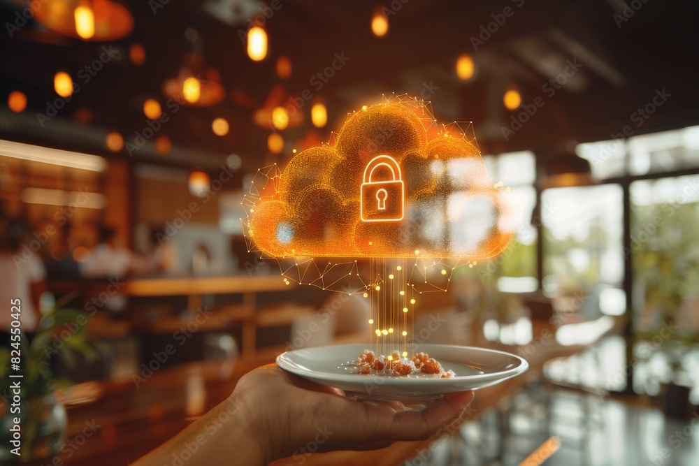 Poster high tech security with hand interacting on digital lock, glowing tech background, concept of data p