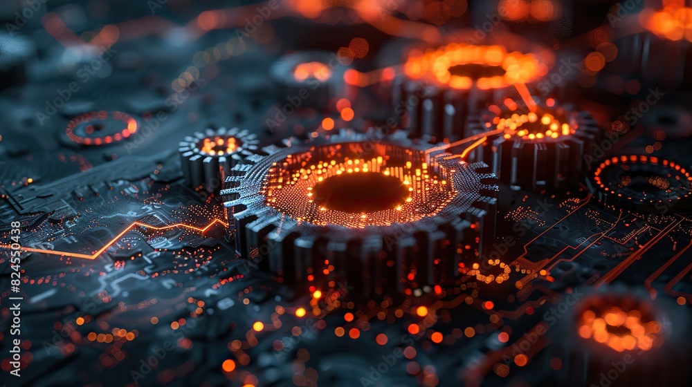 Poster an abstract image of interconnected gears with a rising chart, symbolizing the mechanics of progress