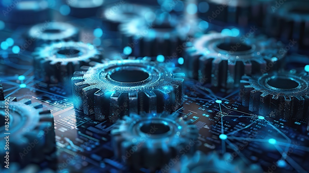 Poster an abstract image of interconnected gears with a rising chart, symbolizing the mechanics of progress