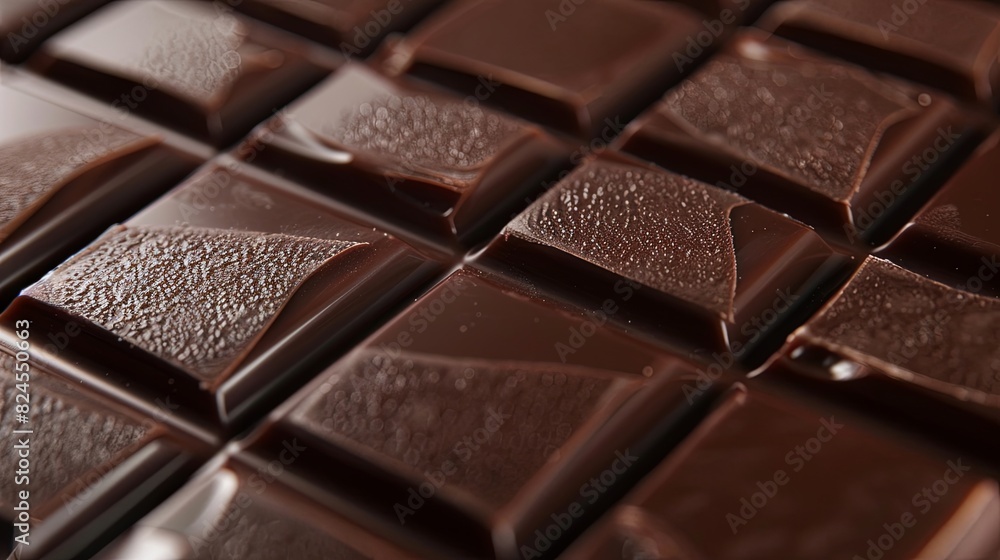 Poster Detailed close-up of a dark chocolate bar with visible break lines and an even surface. Generative AI