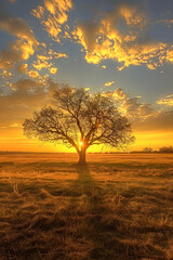 Serenity and Strength: A Lone Tree Basking in the Golden Glow of Sunset on an Open Field