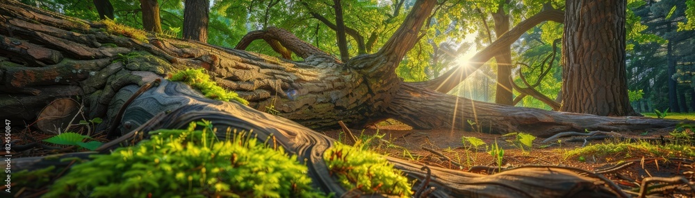 Poster tranquil forest scene with sunlight filtering through trees, illuminating moss-covered fallen log, c