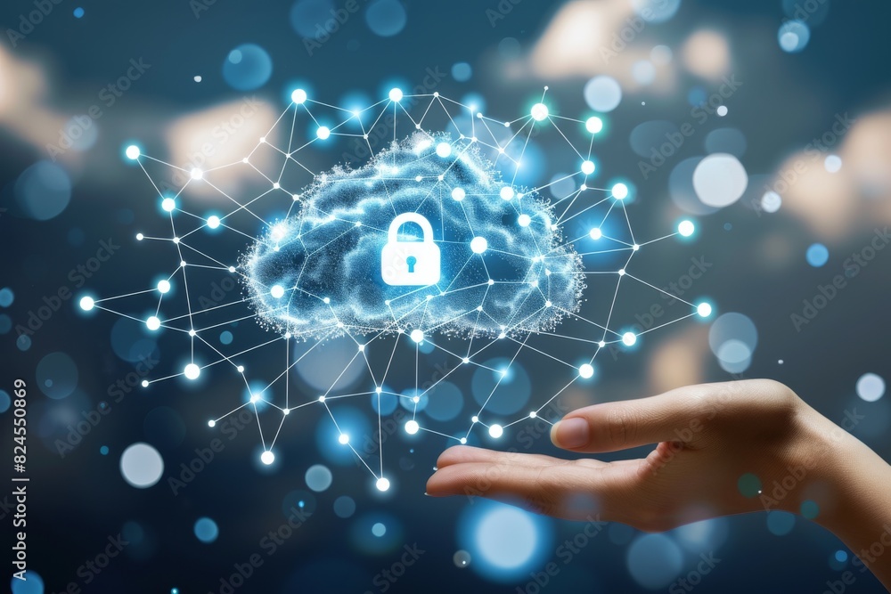 Aufkleber secure cloud network with digital lock, glowing tech background, concept of advanced cybersecurity a