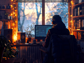 Cozy Home Office with a Programmer Working at Sunset – Generative AI