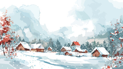 Watercolor Illustration village in winter season Vector