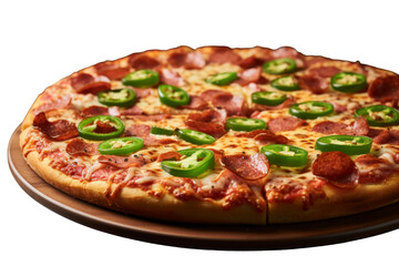 Fiery Delight: Pepperoni and Jalapeno Pizza Dance on a Pan on a White or Clear Surface PNG Transparent Background.