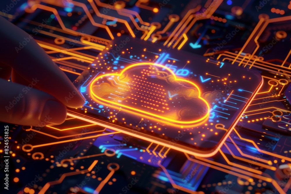 Poster secure cloud network with holographic interface, hand interaction, concept of advanced cybersecurity