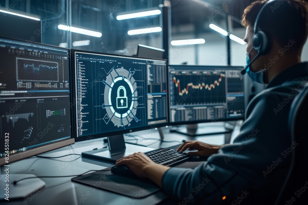Poster secure cloud network with digital lock, glowing tech background, concept of advanced cybersecurity a