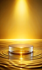 Glass Podium in the water for Advertising Products, Golden color,  light waves around.  Mockup, 3D rendering with copy space