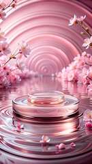 Glass Podium on the water and pink sakura flowers, pink background, light waves around. 3D rendering with copy space