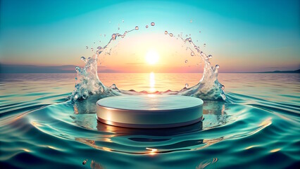  Podium in the water for Advertising Products, light waves around. 3D rendering with copy space
