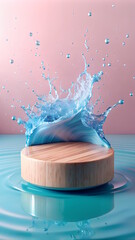  Podium in the water for Advertising Products, light waves around. 3D rendering with copy space
