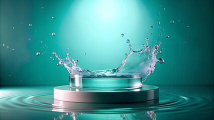  Podium in the water for Advertising Products, light waves around. 3D rendering with copy space
