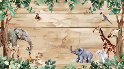Watercolor illustration wooden board with safari 