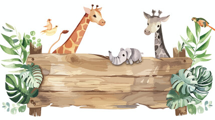 Watercolor illustration wooden board with safari 