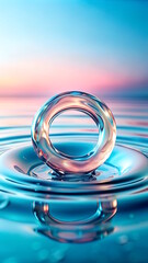 glass transparent ring in the water,  light waves around.  3D rendering with copy space