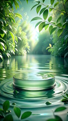 Glass Podium in the water for Advertising Products, Green trees background, light waves around. 3D rendering with copy space