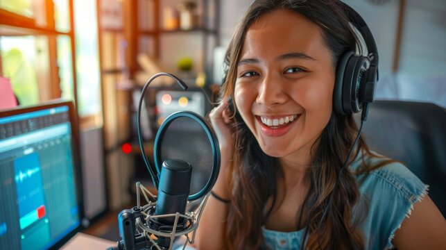 Young woman hosting a radio show, podcast, happy smile