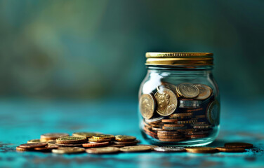 Jar of Coins on a Turquoise Background. Generative-AI