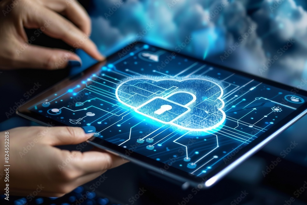 Poster hand interacting with secure cloud network, digital lock, concept of advanced cybersecurity and data