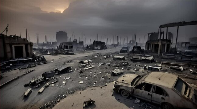 3D illustration of a brutal war scene, destroyed city after war on the battlefield.