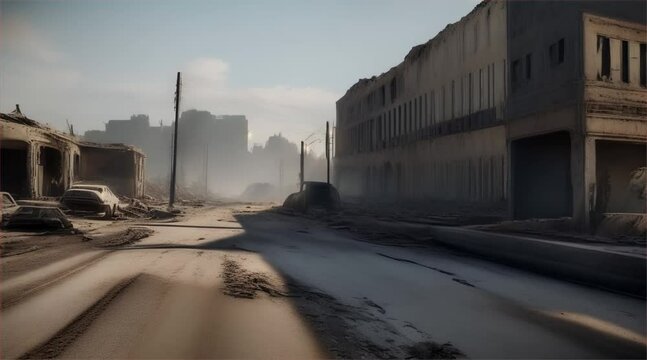 3D illustration of a brutal war scene, destroyed city after war on the battlefield.
