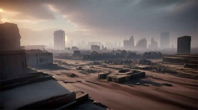 3D illustration of a brutal war scene, destroyed city after war on the battlefield.