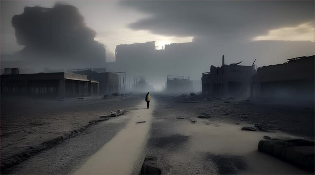3D illustration of a brutal war scene, destroyed city after war on the battlefield.