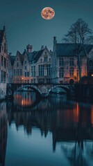 Fototapeta premium Old buildings and the big moon in European cities