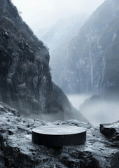 Minimalist Black Podium on Rocky Terrain with Misty Mountain Background
