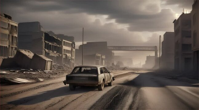 3D illustration of a brutal war scene, destroyed city after war on the battlefield.