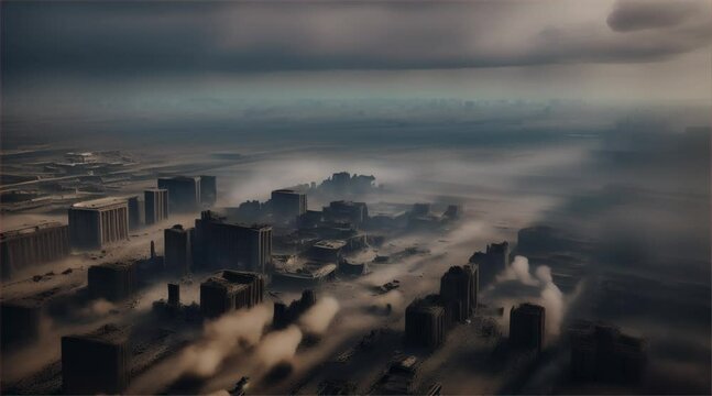 3D illustration of a brutal war scene, destroyed city after war on the battlefield.