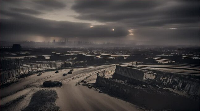 3D illustration of a brutal war scene, destroyed city after war on the battlefield.