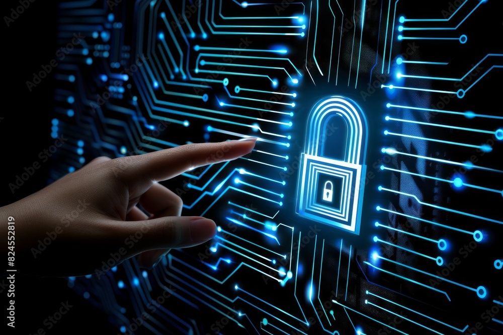 Poster secure cloud network with digital lock, glowing tech background, concept of advanced cybersecurity a