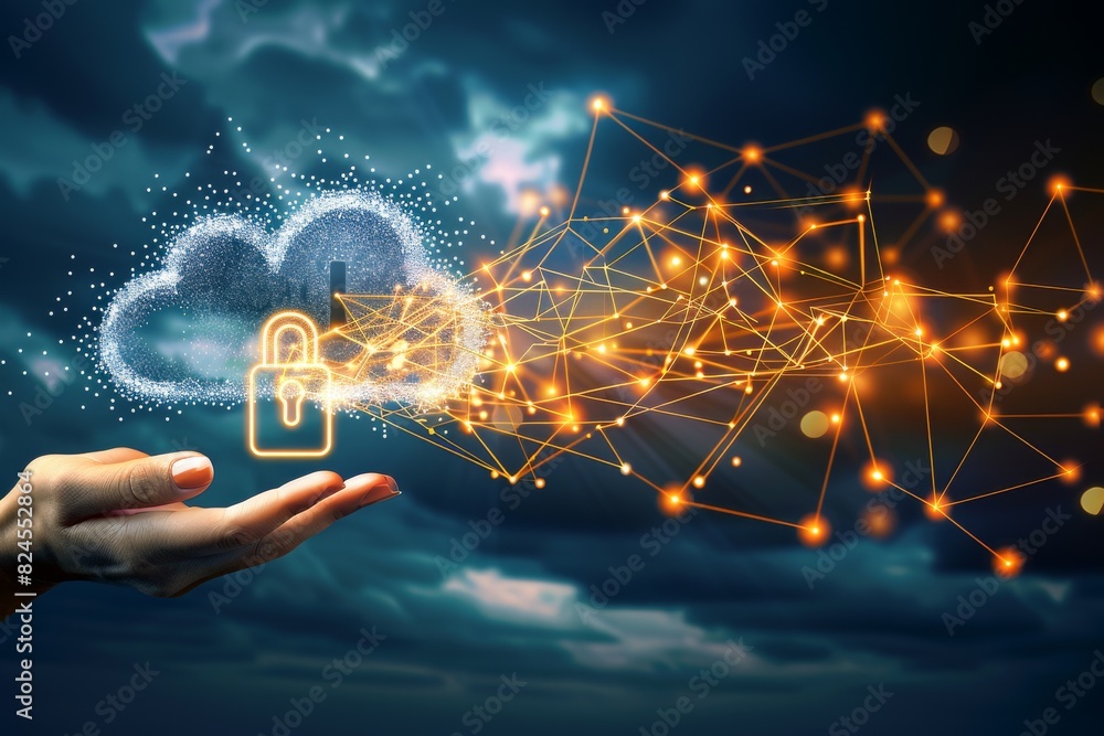 Poster hand interacting with secure cloud network, digital lock, concept of advanced cybersecurity and data