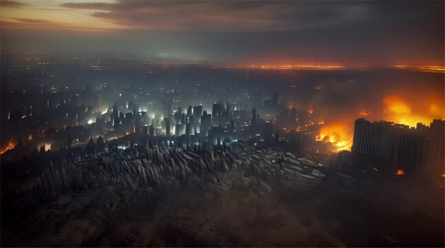 3D illustration of a brutal war scene, destroyed city after war on the battlefield.