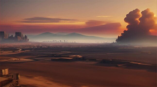 3D illustration of a brutal war scene, destroyed city after war on the battlefield.