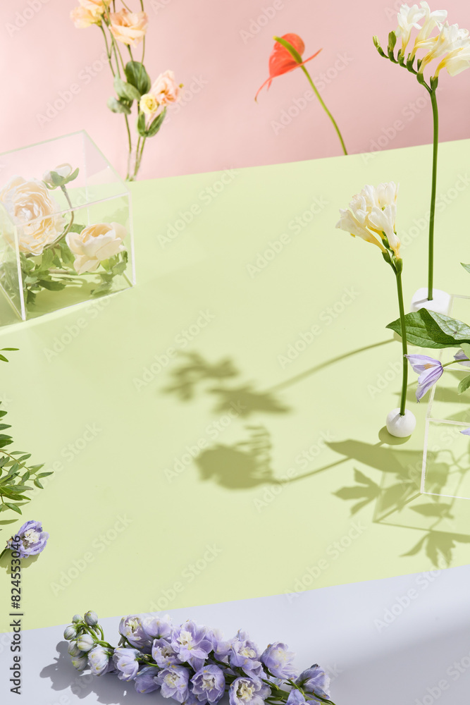 Poster Abstract floral arrangement with dynamic shadows on a green and pink backdrop, suitable for spring and summer-themed design spaces