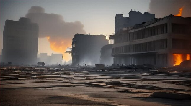 3D illustration of a brutal war scene, destroyed city after war on the battlefield.