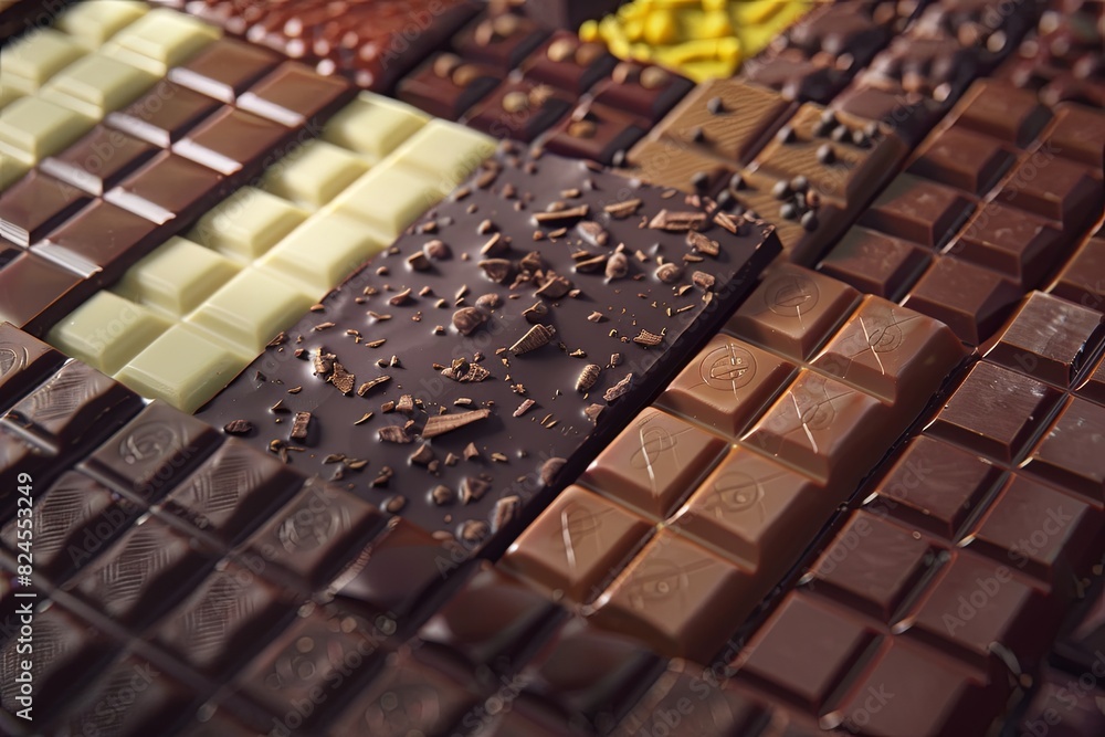 Aufkleber detailed close-up of various chocolate bars neatly arranged, showcasing different flavors and types.