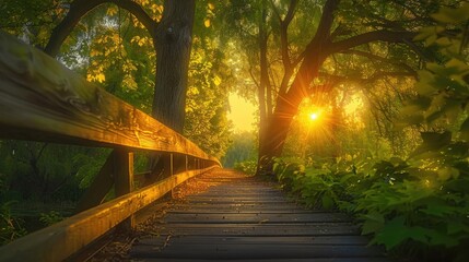 A serene wooden pathway through a lush green forest at sunset, radiating warm golden light through the trees.