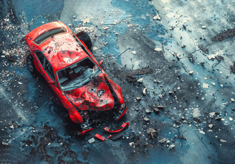 Crashed Red Car on Damaged Road – Generative AI